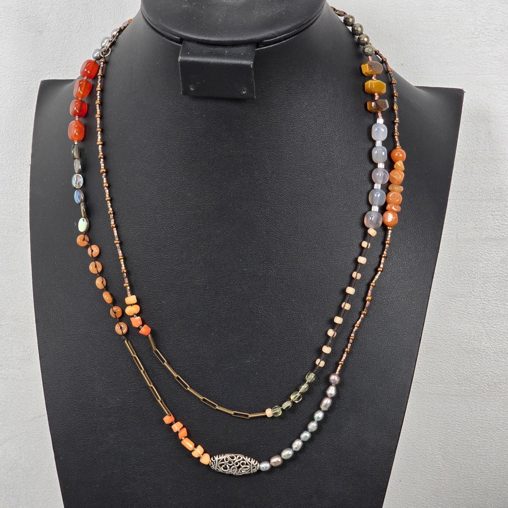 Silpada Pearl Carnelian Tigers Eye Multi Strand Necklace Sterling Silver Accents